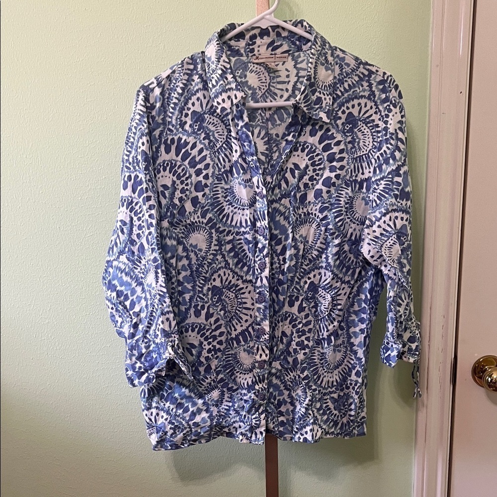 JM Collection Button Down top swirl print 3/4 sleeve Linen Blue White 14W